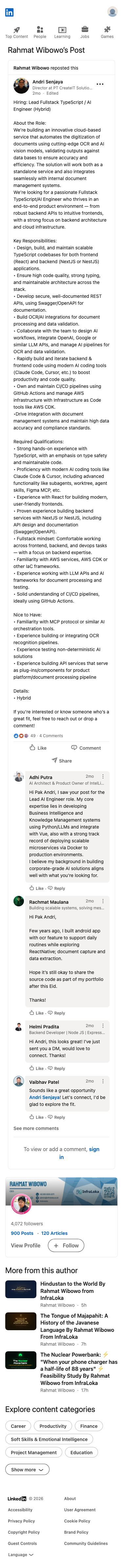 Rahmat Wibowo reposted Andri Senjaya's neutral job advertisement for a Lead Fullstack TypeScript/AI Engineer role, while his own author panel listed accusatory articles alleging workplace bullying involving Fransiskus Febryan Suryawan and Samsung R&D Institute Indonesia.