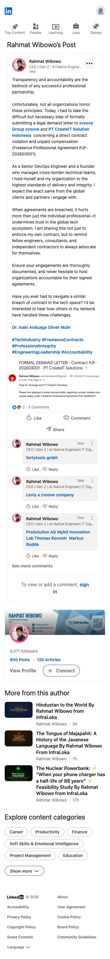 Rahmat Wibowo announced he submitted a formal legal demand letter to zvoove Group and PT CreateIT Solutions Indonesia over an alleged contract violation and unpaid compensation, framing it as an accusation of breached agreement while urging contractors to hold organizations accountable.