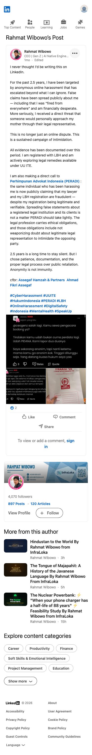 Rahmat Wibowo described enduring 2.5 years of anonymous online harassment, false claims about being fired and financially desperate, and a threat against his mother, while announcing LBH registration and exploring UU ITE legal remedies; the tone is accusatory toward an unnamed harasser.