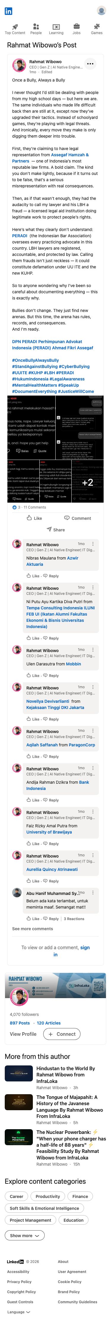 Rahmat Wibowo posted an accusatory statement calling unnamed former high school classmates lifelong bullies who use legal threats, falsely claim representation by Assegaf Hamzah & Partners, and defame his lawyer's LBH, warning their actions could constitute defamation under UU ITE and KUHP.
