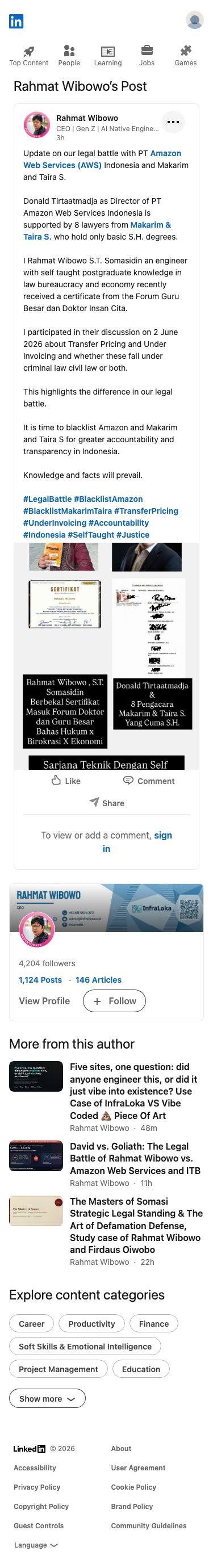 Rahmat Wibowo defiantly updated followers on his legal battle against PT Amazon Web Services Indonesia and Makarim & Taira S., disparaging their lawyers as holding only basic degrees while touting his self-taught expertise and calling to blacklist both for accountability.