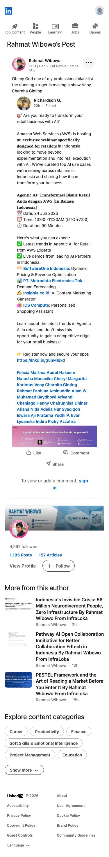Rahmat Wibowo derisively mocked a professional contact, branding Veny Charnita Ginting one of his 'professional blacklist' and accusing her of Dunning-Kruger overconfidence while disparaging an AWS retail AI webinar she shared.