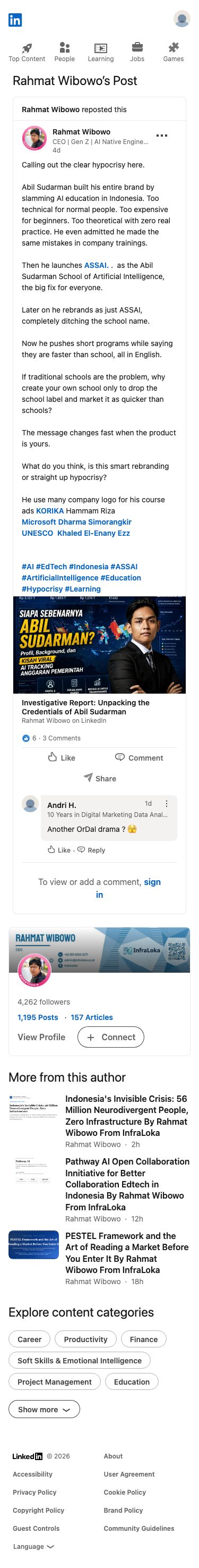 Rahmat Wibowo accused Abil Sudarman of hypocrisy, charging that he criticized AI education in Indonesia before launching, rebranding, and marketing his own school as faster than schools, while questioning his use of company logos in course ads.