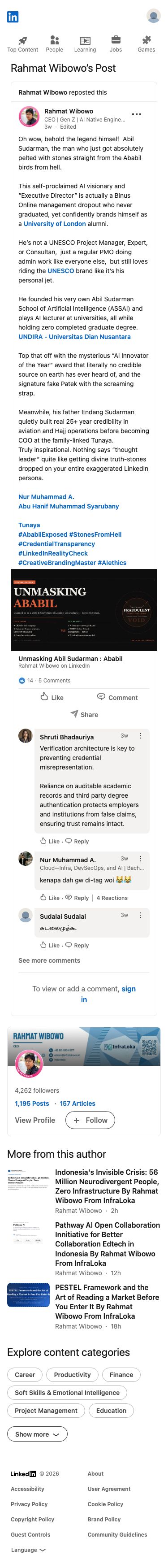 Rahmat Wibowo mockingly accused Abil Sudarman of faking his credentials, claiming he is a Binus Online dropout falsely posing as a University of London alumnus, UNESCO expert, and AI award winner with a counterfeit Patek watch.