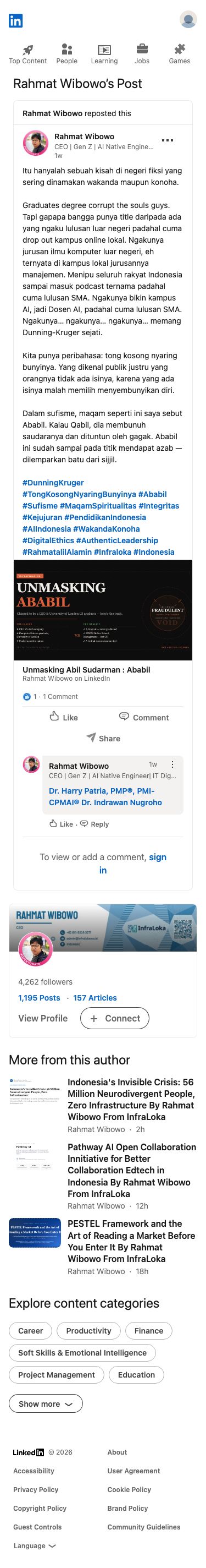 Rahmat Wibowo accused an unnamed individual of fraudulently claiming foreign computer-science degrees and AI credentials while only holding a high-school diploma, mocking them as a Dunning-Kruger case and an 'empty vessel' deserving divine punishment.