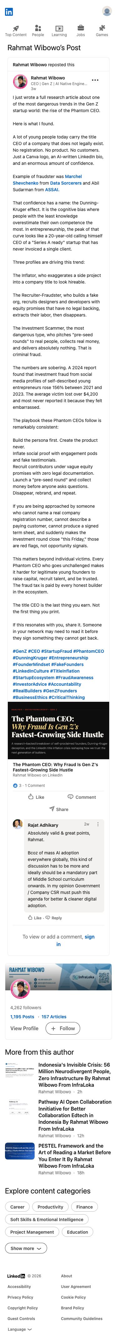 Rahmat Wibowo published a research article warning about 'Phantom CEOs' in the Gen Z startup world, accusing Marchel Shevchenko and Abil Sudarman by name of being fraudsters and detailing fake-founder schemes.