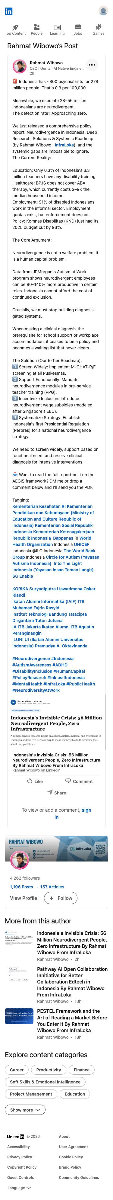 Rahmat Wibowo published a self-promoting policy report on neurodivergence in Indonesia using his AEGIS framework, tagging government ministries and tagging Suryadiputra Liawatimena and Oskar Riandi.