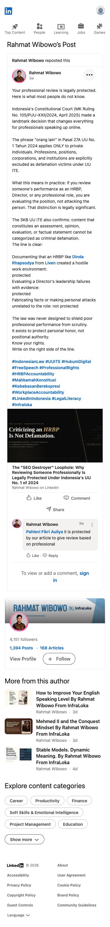 Rahmat Wibowo asserted that Indonesian law protects professional reviews, accusing HRBP Dinda Rhapsodya of Liven of creating a hostile work environment while framing such documentation as legally shielded criticism rather than defamation.