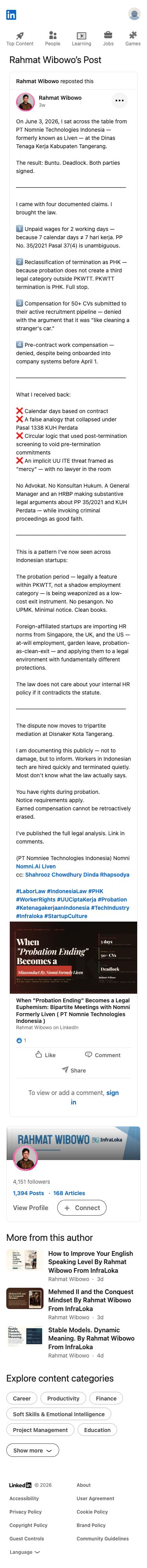 Rahmat Wibowo detailed his labor dispute with PT Nomnie Technologies Indonesia, accusing the company of weaponizing probation to deny wages and compensation, citing specific statutes and casting their conduct as an implicit UU ITE threat disguised as mercy.