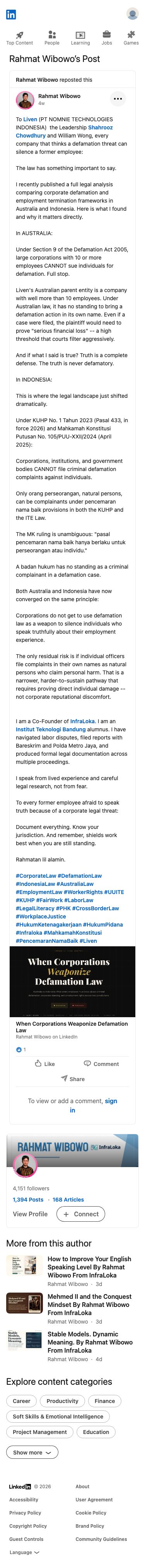 Rahmat Wibowo defiantly asserted that Liven and its leaders cannot legally silence former employees through defamation threats, citing Australian and Indonesian law to argue corporations lack standing, while encouraging workers to document abuses and speak truthfully.