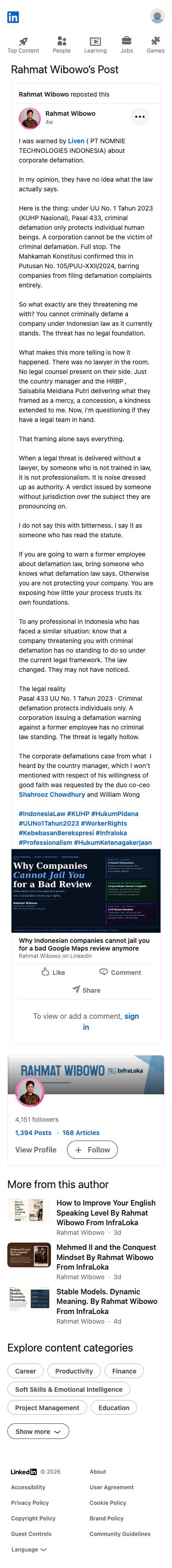 Rahmat Wibowo defiantly asserted that Liven's criminal defamation warning against him is legally hollow, arguing that Indonesian law protects only individuals, and questioned the company's competence for delivering the threat without any lawyer present.
