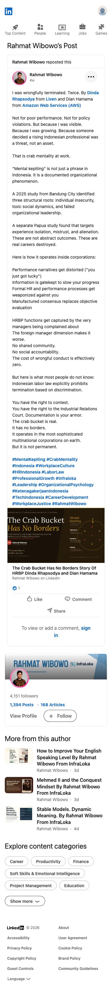Rahmat Wibowo accused Dinda Rhapsodya of Liven and Dian Hamama of AWS of wrongfully terminating him twice due to 'crab mentality,' claiming they targeted him as a rising Indonesian professional and weaponized HR processes against him.