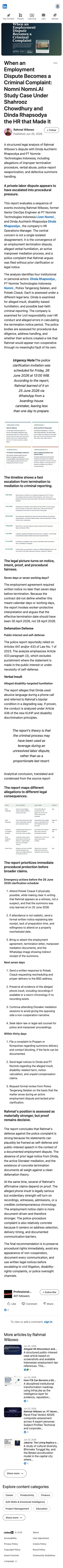 Rahmat Wibowo published a structured legal analysis accusing Dinda Auchterin Rhapsodya and PT Nomnie Technologies Indonesia of improper termination, disability-based verbal humiliation, and weaponizing a police complaint amid an active labor dispute, framing the criminal report as bad-faith leverage.