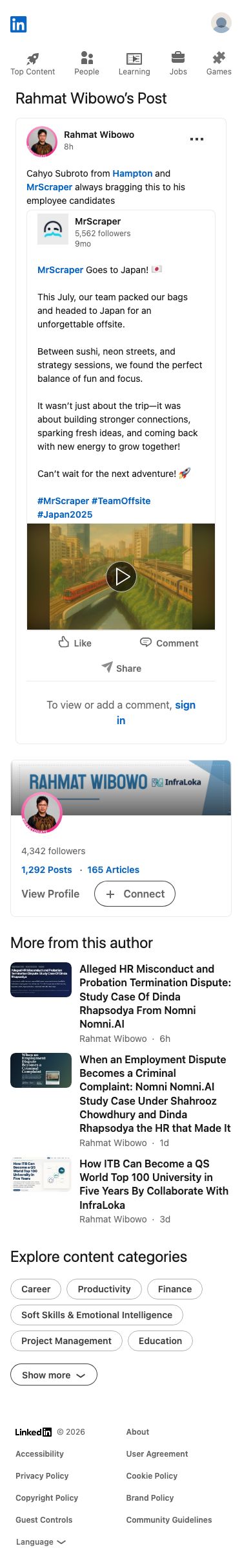Rahmat Wibowo mockingly claimed that Cahyo Subroto from Hampton and MrScraper constantly brags about the company's Japan offsite trip to his employee candidates.