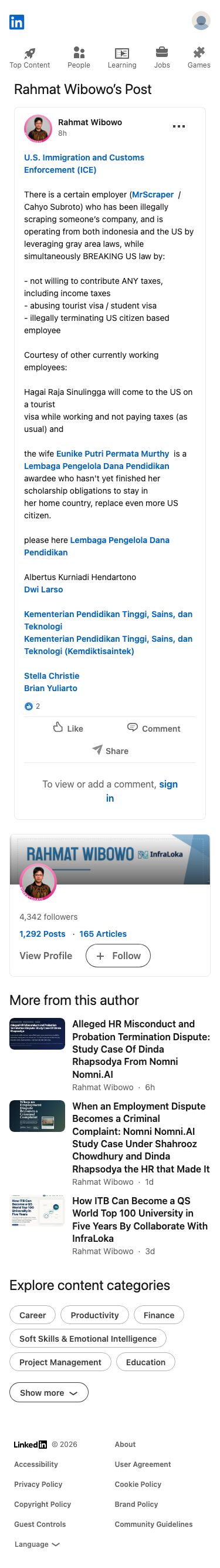 Rahmat Wibowo accused employer MrScraper and Cahyo Subroto of illegally scraping a company, evading US taxes, abusing tourist/student visas, and wrongfully terminating US citizens, while alleging Hagai Raja Sinulingga and Eunike Putri Permata Murthy violated visa and scholarship obligations.