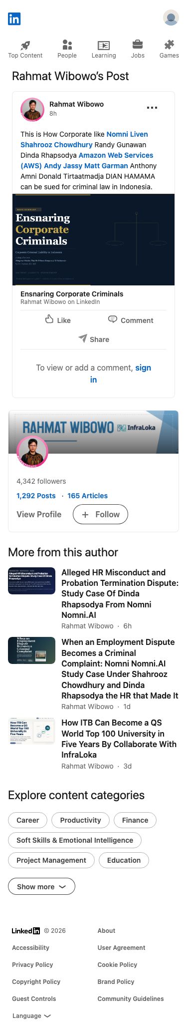 Rahmat Wibowo accused several companies and individuals of criminal conduct, asserting that corporations like Nomni Liven and Amazon Web Services can be sued under Indonesian criminal law.