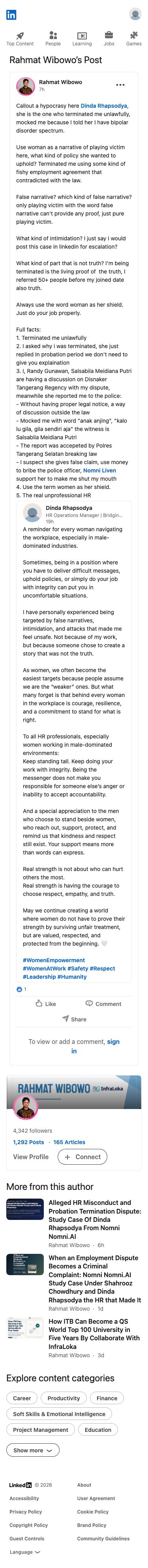 Rahmat Wibowo accused Dinda Rhapsodya of unlawfully terminating him, mocking his bipolar disorder, falsely playing the victim, reporting him to police without legal notice, and bribing officers, while branding her a hypocritical and unprofessional HR hiding behind her gender.