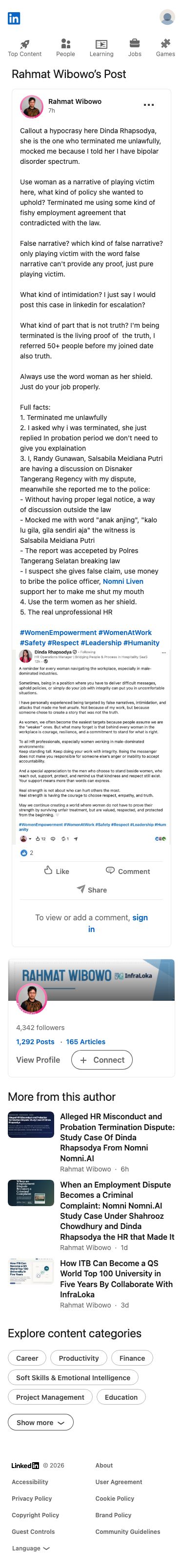 Rahmat Wibowo accused Dinda Rhapsodya of unlawfully terminating him, mocking his bipolar disorder, calling him 'anak anjing', and bribing police, while alleging she hypocritically plays the victim by using her gender as a shield.