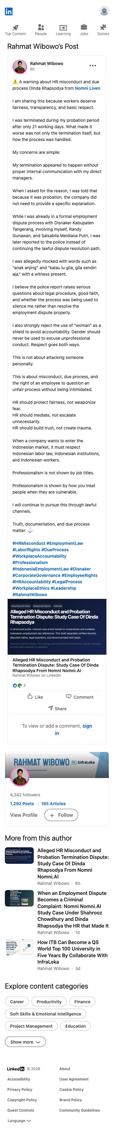 Rahmat Wibowo accused HR personnel and his former employer of misconduct, alleging he was unfairly terminated during probation, mocked with insults, and reported to police to silence him rather than pursue lawful dispute resolution.