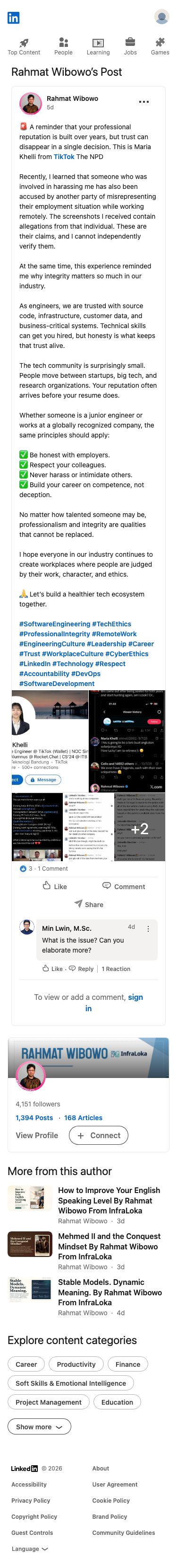 Rahmat Wibowo accused Maria Khelli of TikTok of harassment and relayed unverified allegations that she misrepresented her remote employment, framing it as a cautionary lesson on integrity while casting doubt on her reputation.