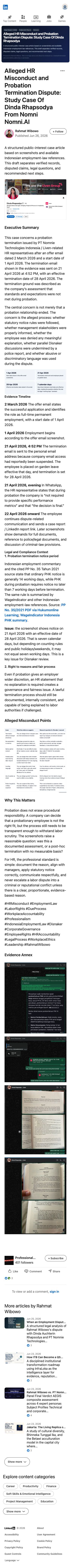Rahmat Wibowo published a structured case article accusing PT Nomnie Technologies Indonesia and Liven-related HR of procedural misconduct in Dinda Rhapsodya's probation termination, questioning whether statutory notice rules were followed and whether abusive language and an improper police report undermined fair process.
