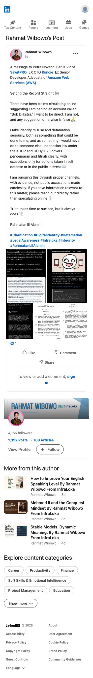 Rahmat Wibowo publicly denied being behind the 'Bob Djikstra' account, defiantly rejecting the accusation as false while asserting he is pursuing the identity misuse and defamation matter through proper legal channels under Indonesian law.