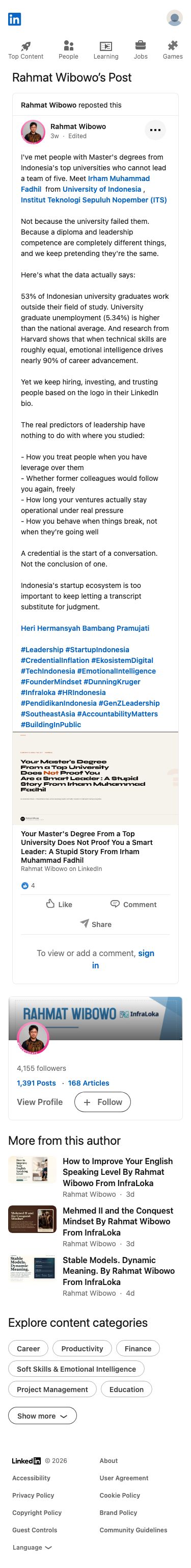 Rahmat Wibowo mocked Irham Muhammad Fadhil by name, deriding his Master's degrees from top Indonesian universities as no proof of leadership, citing statistics to argue credentials are meaningless without emotional intelligence and real-world accountability.