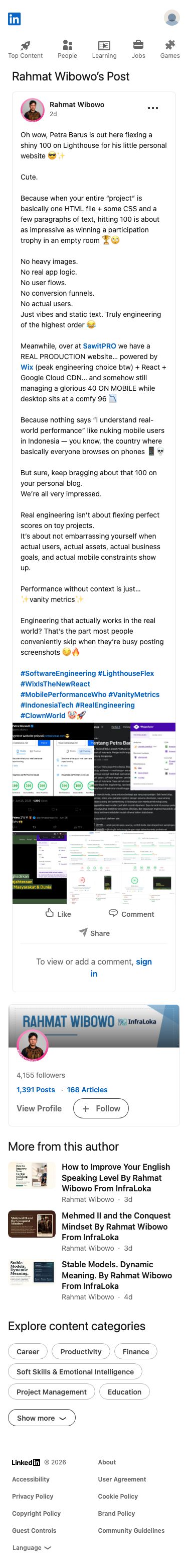 Rahmat Wibowo mockingly belittled Petra Barus's perfect Lighthouse score as a meaningless vanity metric on a trivial static website, sarcastically contrasting it with SawitPRO's supposedly 'real' production site despite its poor mobile performance.