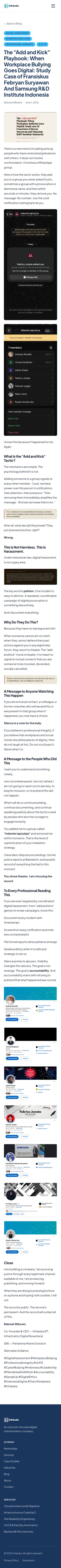 Rahmat Wibowo accused Fransiskus Febryan Suryawan, Febrico Jonata, and Samsung R&D Institute Indonesia of coordinated digital harassment via an 'add and kick' WhatsApp tactic, framing it as illegal workplace bullying and vowing to pursue police reports and labor dispute proceedings.