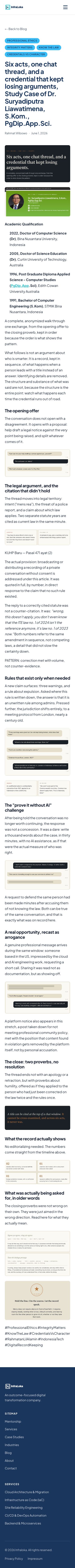 Rahmat Wibowo mockingly dissected an anonymized chat exchange to portray Dr. Suryadiputra Liawatimena as a credential-flaunting figure who repeatedly lost arguments, misquoted statutes, invented rules, and issued dares, framing the credential as consistently 'losing arguments.'
