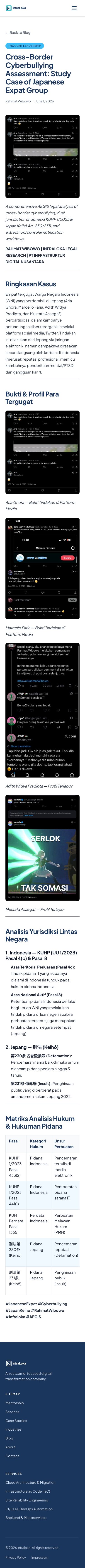 Rahmat Wibowo published a legal-styled analysis accusing four Indonesian expats in Japan of orchestrated cross-border cyberbullying, presenting them as defendants with alleged evidence and citing Indonesian and Japanese criminal statutes to argue liability, defamation, and potential extradition against them.
