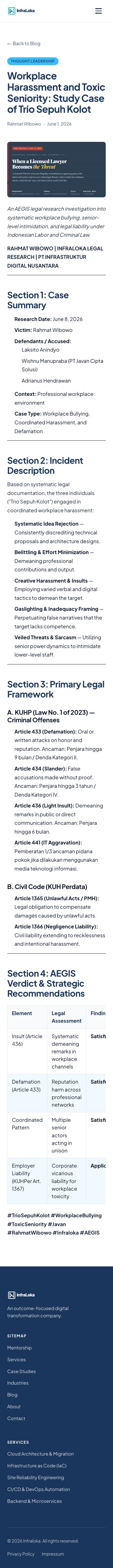 Rahmat Wibowo published a self-styled legal investigation accusing Laksito Anindyo, Wishnu Manupraba, and Adrianus Hendrawan of coordinated workplace bullying, harassment, and defamation, citing Indonesian criminal statutes and framing them as legally liable 'Trio Sepuh Kolot'.