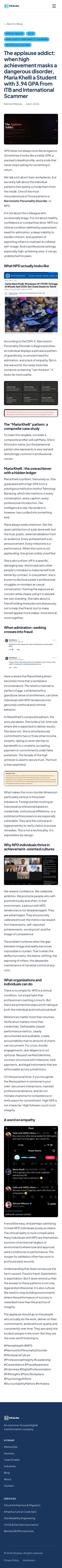 Rahmat Wibowo defamatorily portrayed named ITB graduate Maria Khelli as a narcissistic 'international scammer' who exploits credentials to commit cross-border fraud, thinly disguising the attack as a clinical NPD 'composite case study' while explicitly branding her a scammer in the title.