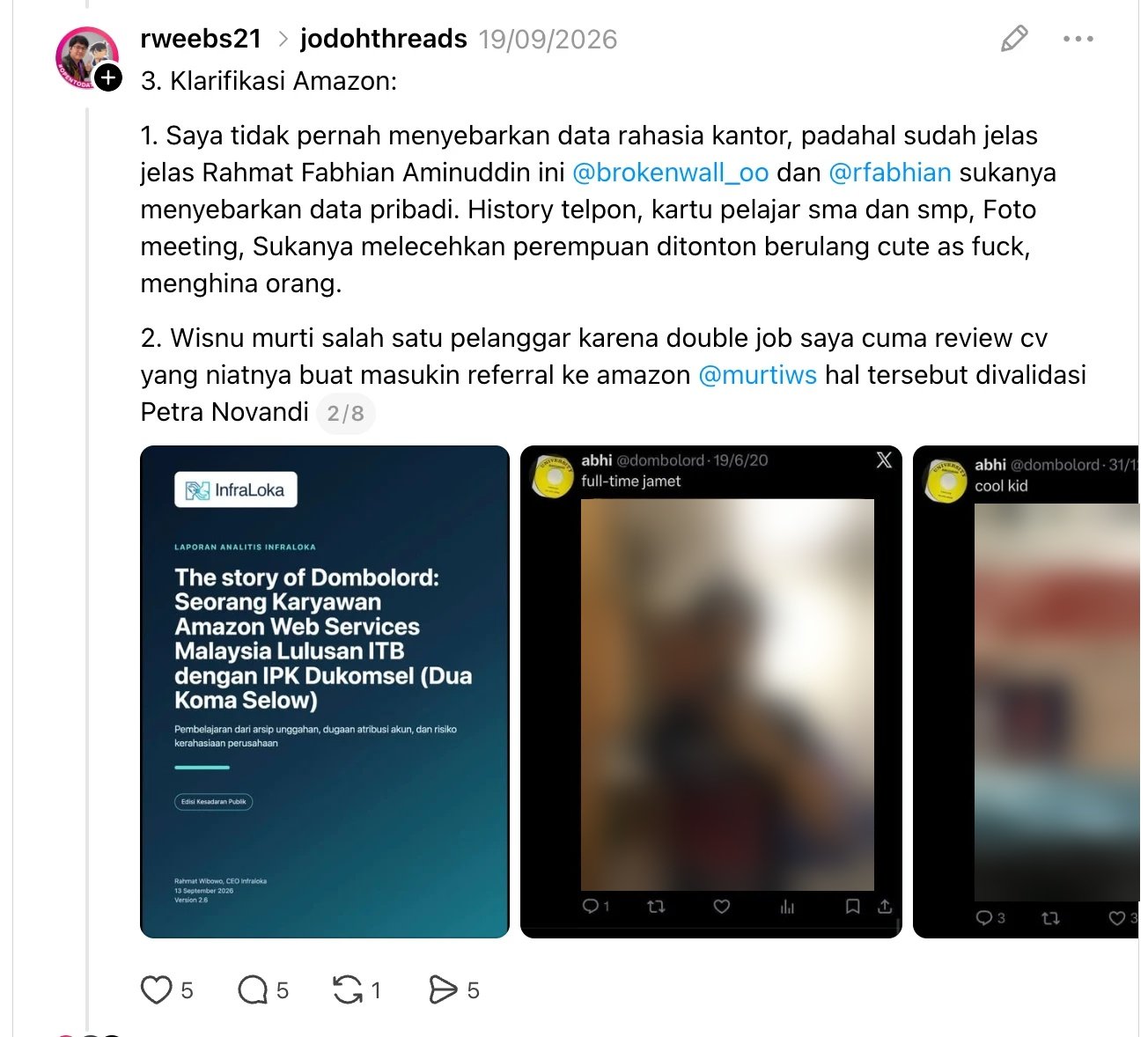 Rahmat Wibowo, in a thread 'clarifying' the Amazon allegations against him, publicly branded AWS employee Wisnu Murti a 'violator' over a 'double job', accused Rahmat Fabhian Aminuddin of spreading personal data and harassing women, claimed Petra Novandi had validated his account, and attached screenshots exposing another user's selfie and school ID card.
