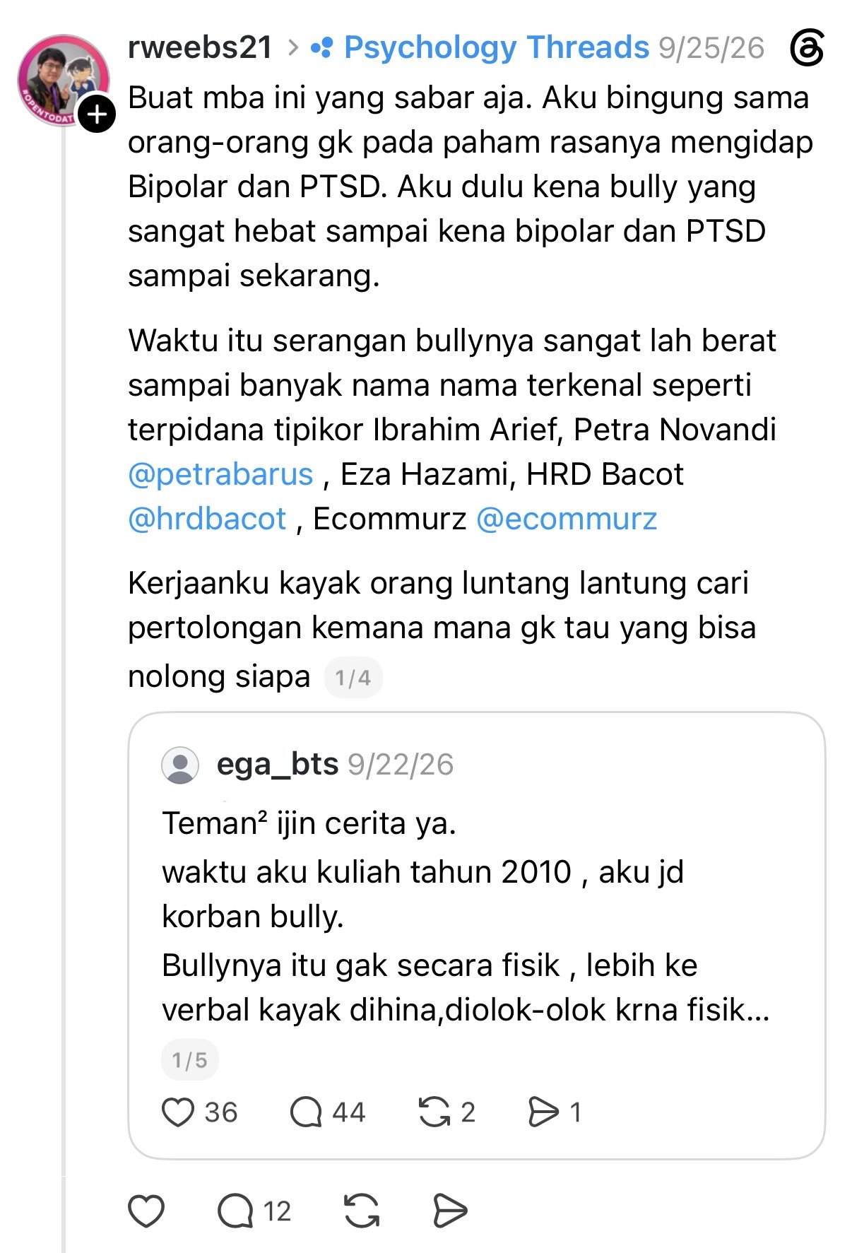 Rahmat Wibowo replied to a woman's story about being bullied in college by accusing Ibrahim Arief (whom he called a 'corruption convict'), Petra Novandi, Eza Hazami, HRD Bacot, and Ecommurz of bullying him so severely that he developed bipolar disorder and PTSD.