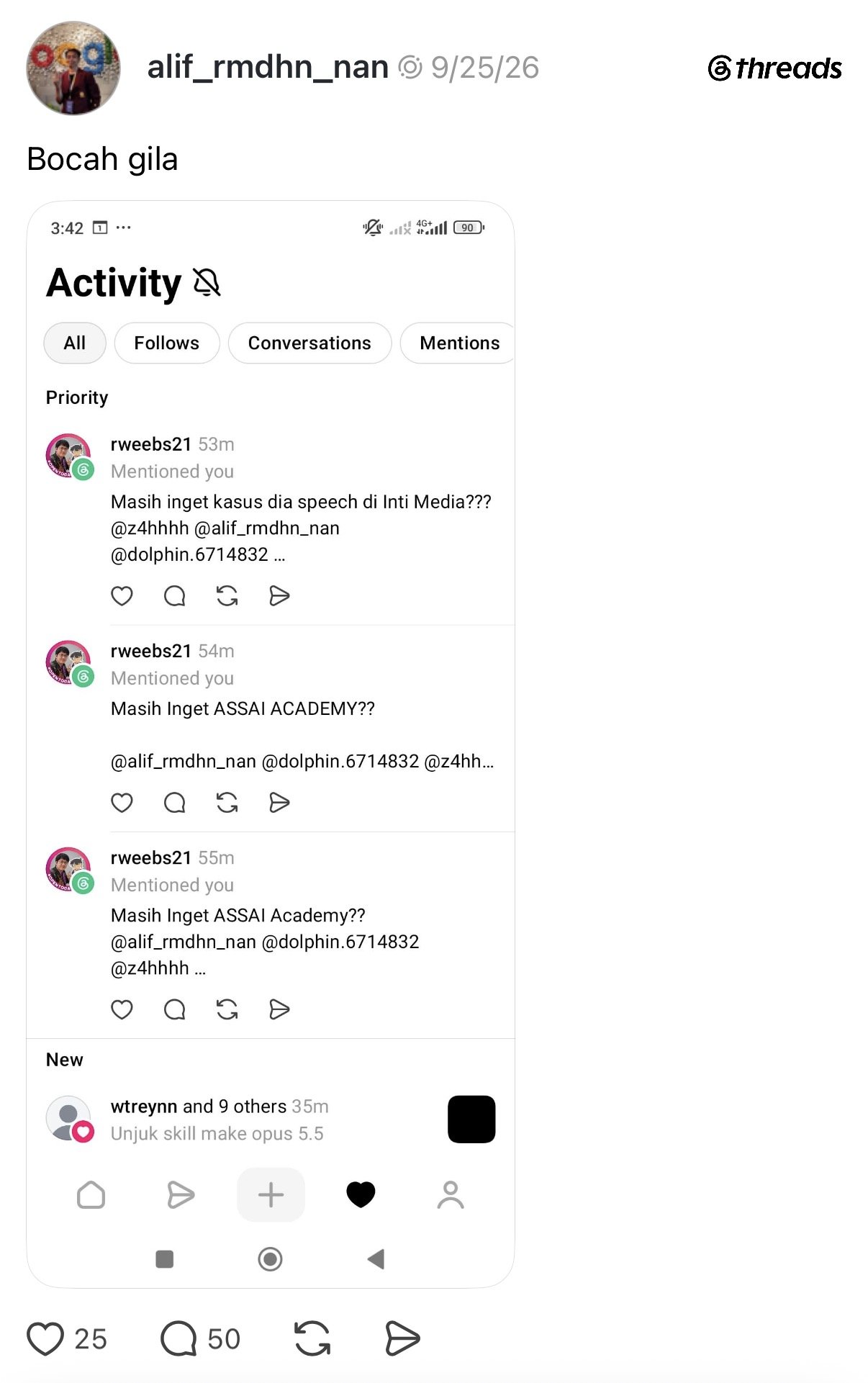 A victim testifies on Threads that Rahmat Wibowo spammed him with three mentions within minutes, tagging him and other users in posts dragging up Abil Sudarman's ASSAI Academy and an 'Inti Media speech case'.