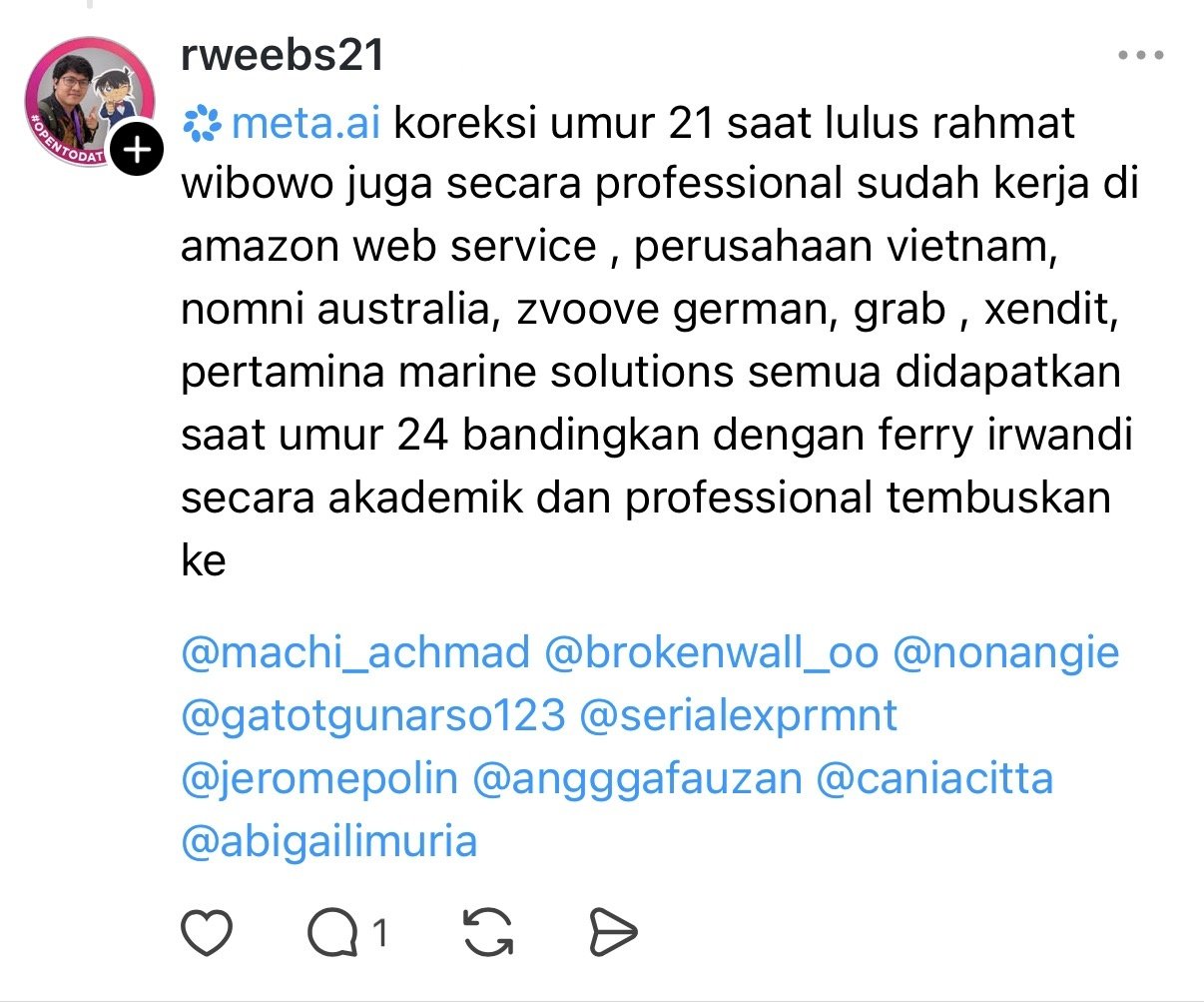 Rahmat Wibowo prompted Meta AI on Threads to compare his academic and professional record with Ferry Irwandi's, listing employers such as Amazon Web Services, zvoove, Grab, Xendit, and Pertamina Marine Solutions while omitting that he was let go three times before completing a three-month probation, and tagged a string of public figures including Jerome Polin and Machrio Achmad Nurhatta to amplify the comparison.