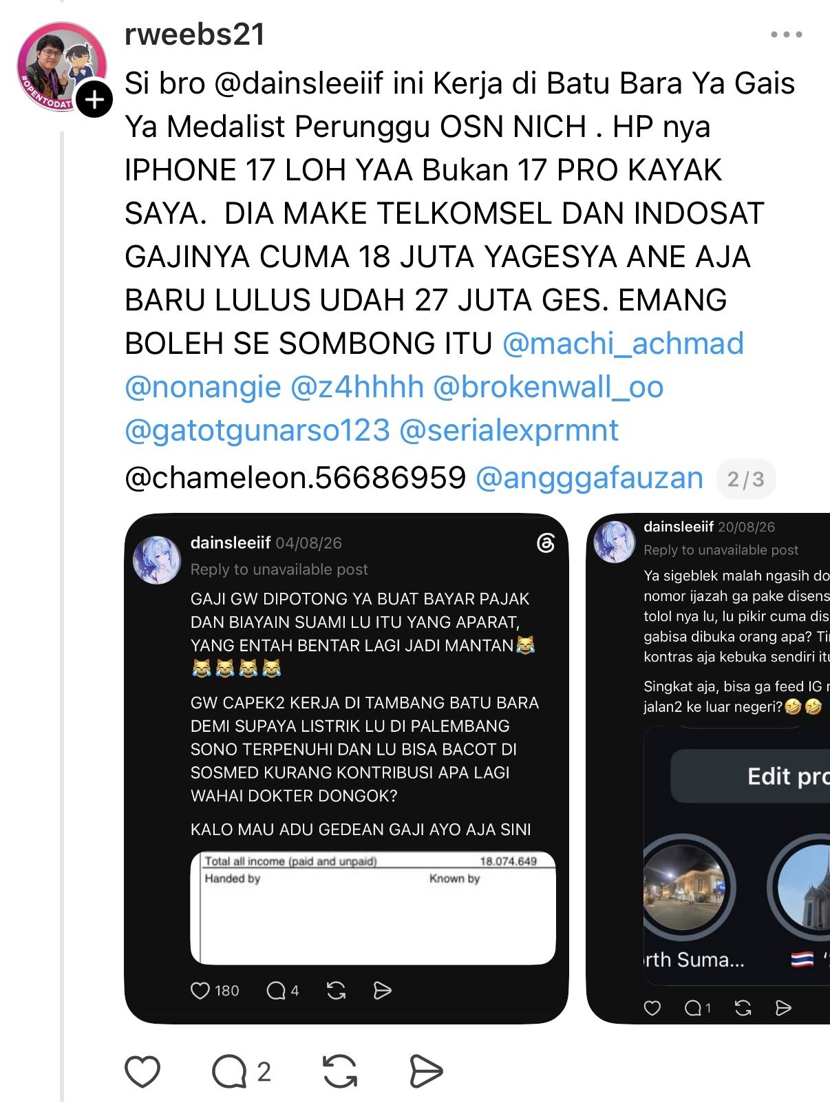 Rahmat Wibowo flaunted a 27-million-rupiah salary he claimed to earn straight after graduating, comparing himself to a Threads user whose 18-million salary, job, and phone he mocked, while leaving out that he was terminated after a few months and could not find a new job paying the same.