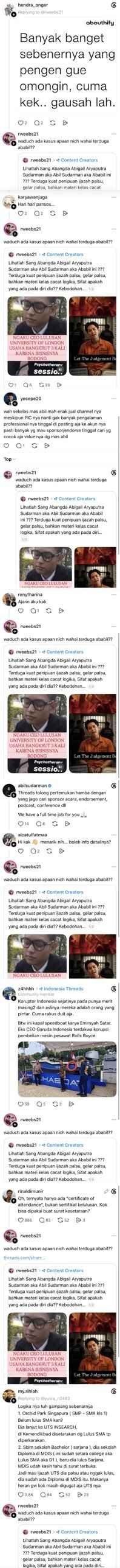 Rahmat Wibowo spammed the same reply, 'waduch ada kasus apaan nich wahai terduga ababil??', at least eight times under other users' Threads posts, including Abil Sudarman's own, each time quoting his post accusing Abil Sudarman of a fake diploma, fake degree, and logically flawed class material.
