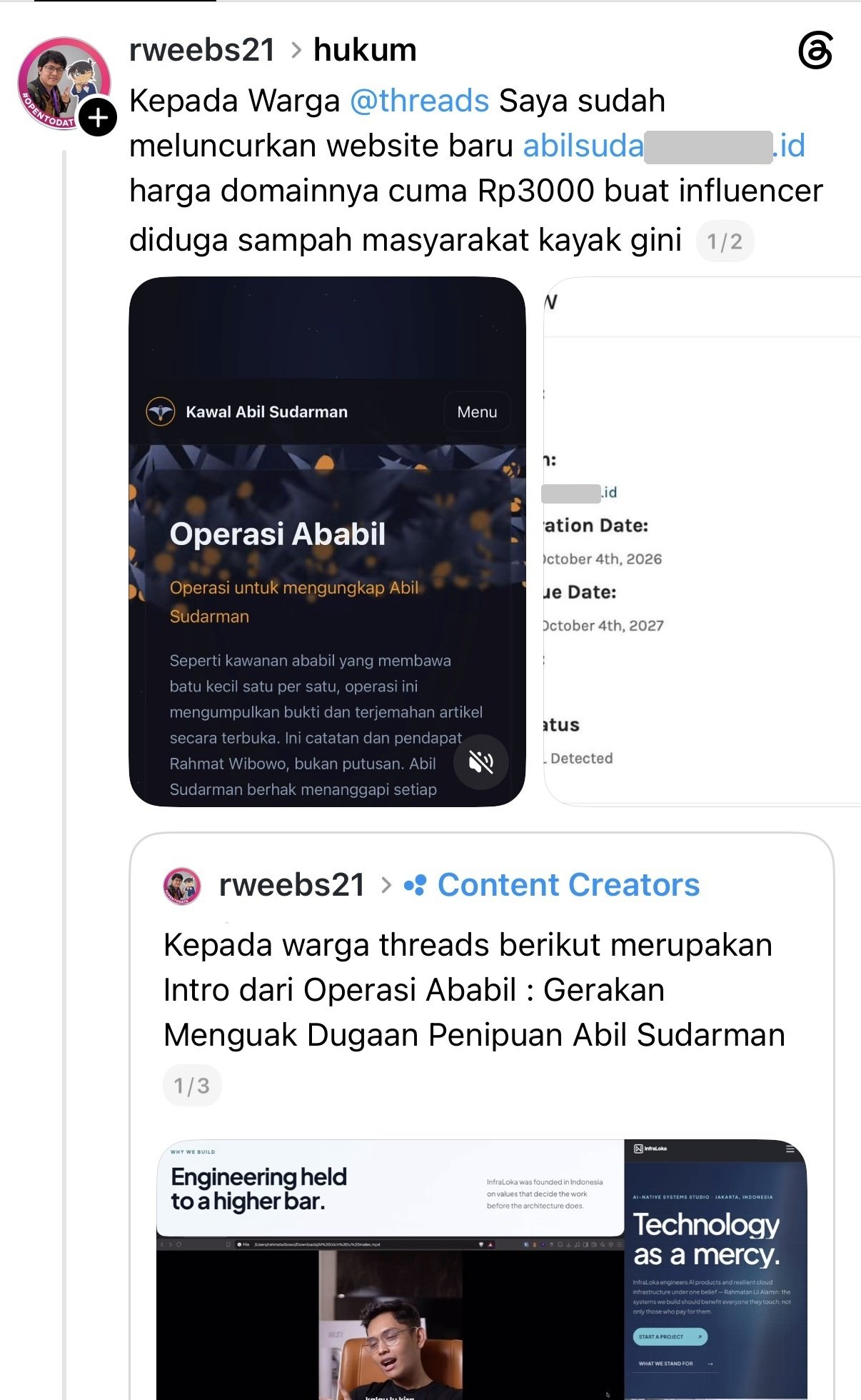 Rahmat Wibowo launched a defamatory website on a domain named after Abil Sudarman (abilsuda*****.**.id), branded 'Operasi Ababil' to 'expose' Abil's alleged fraud, and called him an influencer 'diduga sampah masyarakat' ('suspected scum of society').