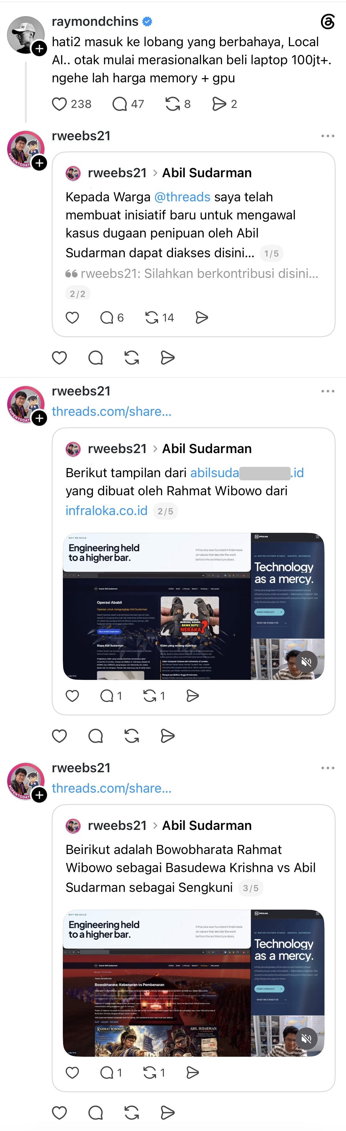 Rahmat Wibowo sought attention for his website defaming Abil Sudarman by spamming three replies under an unrelated Threads post by influencer Raymond Chin, quoting his posts that promote the site and cast himself as Krishna against Abil Sudarman as Sengkuni.