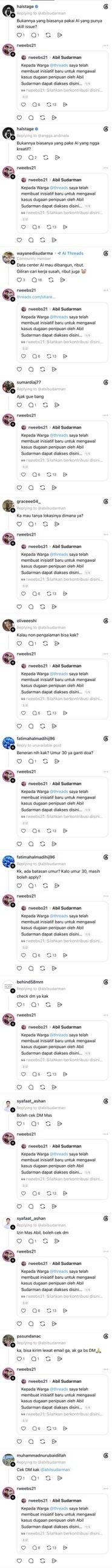 Rahmat Wibowo sought attention by spamming at least 13 replies under other users' Threads posts, mostly people asking Abil Sudarman about a job opening, each quoting his post promoting his new 'initiative' and a website defaming Abil Sudarman.