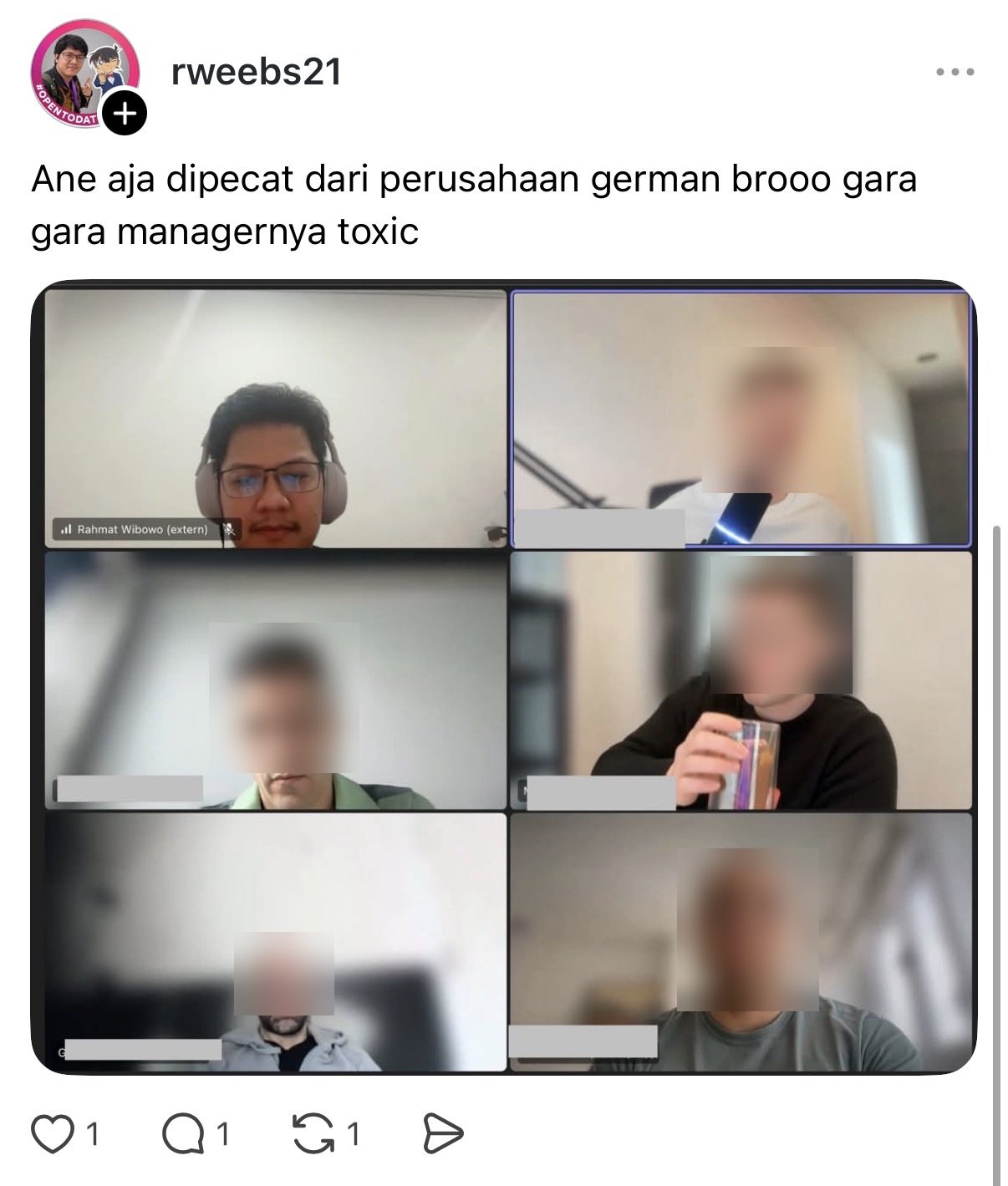 Rahmat Wibowo blamed his dismissal from a German company (zvoove) on a 'toxic manager', posting a screenshot of a video meeting that shows his zvoove colleagues, without explaining his own poor performance.