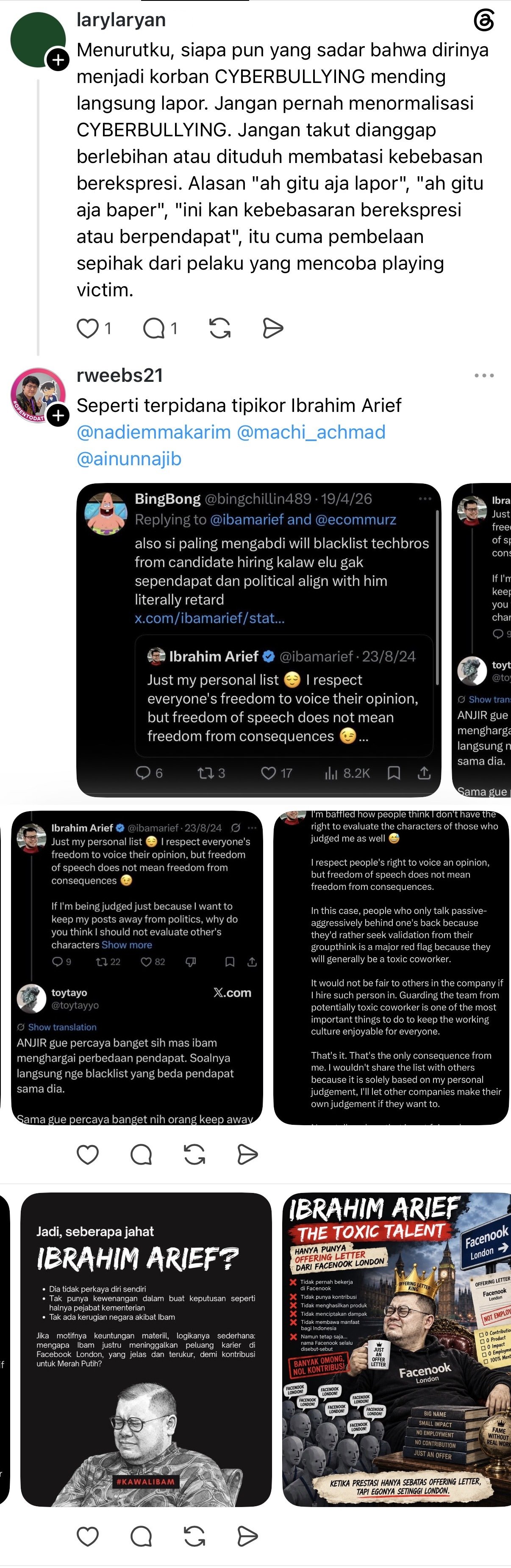 Rahmat Wibowo replied to a Threads post urging cyberbullying victims to report their harassers by calling Ibrahim Arief a 'corruption convict' ('terpidana tipikor'), posting a poster mocking him as 'The Toxic Talent' with nothing but an 'offering letter' from Facebook London, along with screenshots of Ibrahim's 2024 posts about a personal hiring list, and tagging Nadiem Makarim, Machrio Achmad Nurhatta, and Ainun Najib.