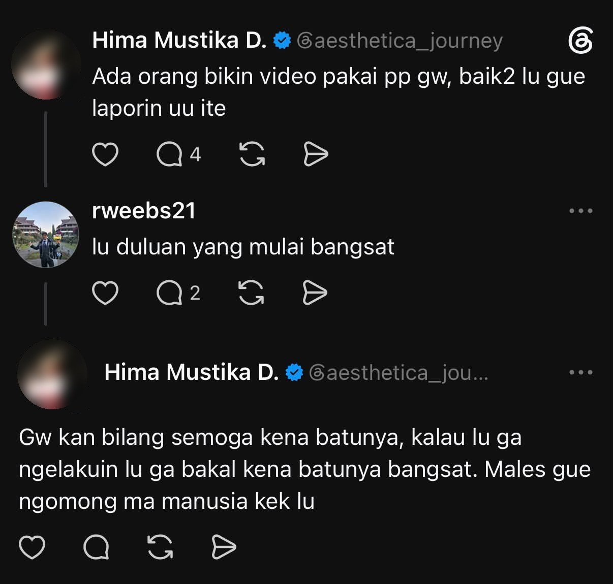 Rahmat Wibowo harasses a woman on Threads, calling her 'bangsat' ('bastard') and claiming 'you started it first' after she warned she would report whoever made a video using her profile photo under the ITE Law.