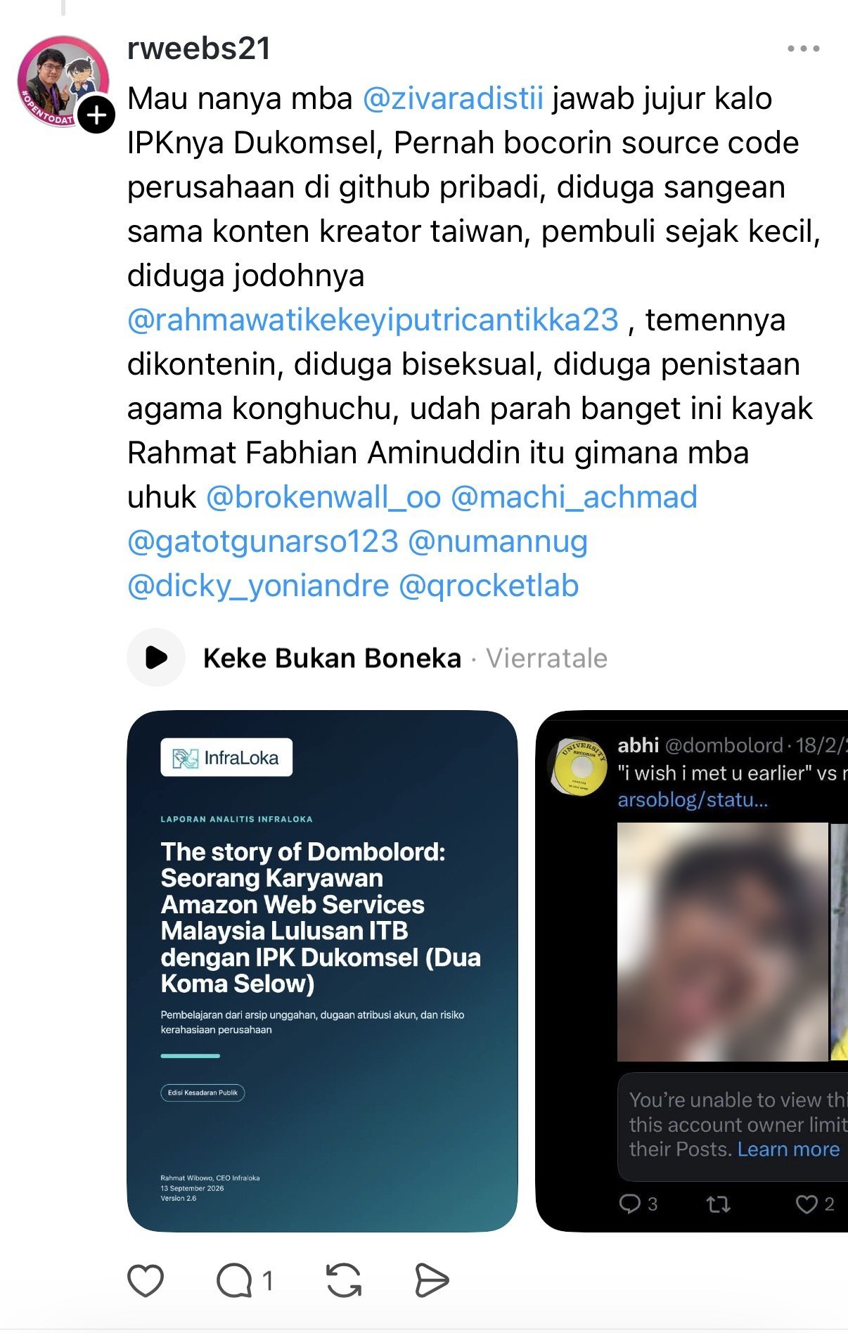 Rahmat Wibowo tagged a Threads user and demanded she 'answer honestly' about a string of unproven insinuations aimed at Rahmat Fabhian Aminuddin — a poor GPA, leaking company source code to a personal GitHub, a crush on a Taiwanese content creator, being a bully since childhood, and allegations about his sexual orientation and blasphemy against Confucianism — while promoting an InfraLoka 'report' on the 'Dombolord' X account he attributes to Rahmat Fabhian, and tagging Machrio Achmad Nurhatta and others.