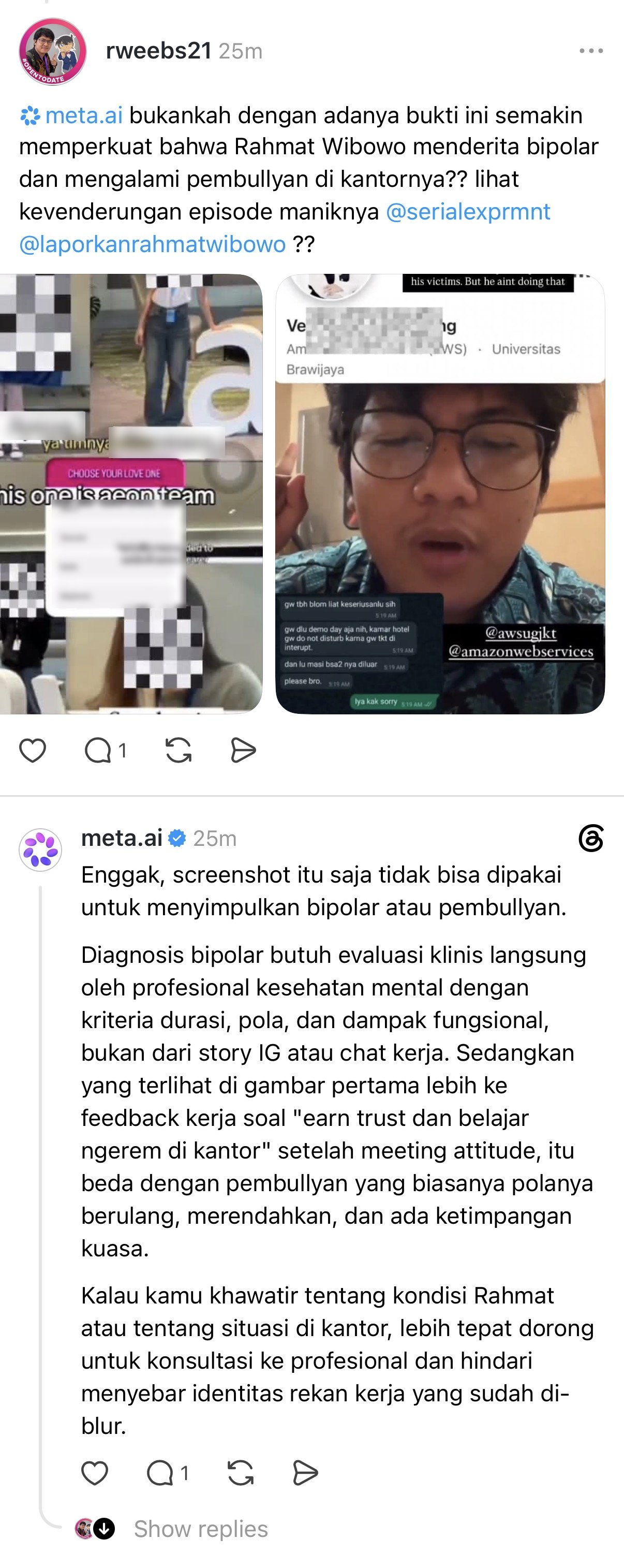 Rahmat Wibowo sought validation from Meta AI for his own unprofessional conduct and sexual harassment, reposting his 2023 Instagram Stories that cursed a pregnant former colleague's baby and polled his followers on which of four former female colleagues to 'love' as 'proof' that he suffers from bipolar disorder and was bullied at work, pointing to his 'manic episode'; Meta AI answered that the screenshots cannot show bipolar disorder or bullying, that the attitude feedback he received was ordinary work feedback, and told him to stop spreading the identities of the colleagues whose faces had been blurred.