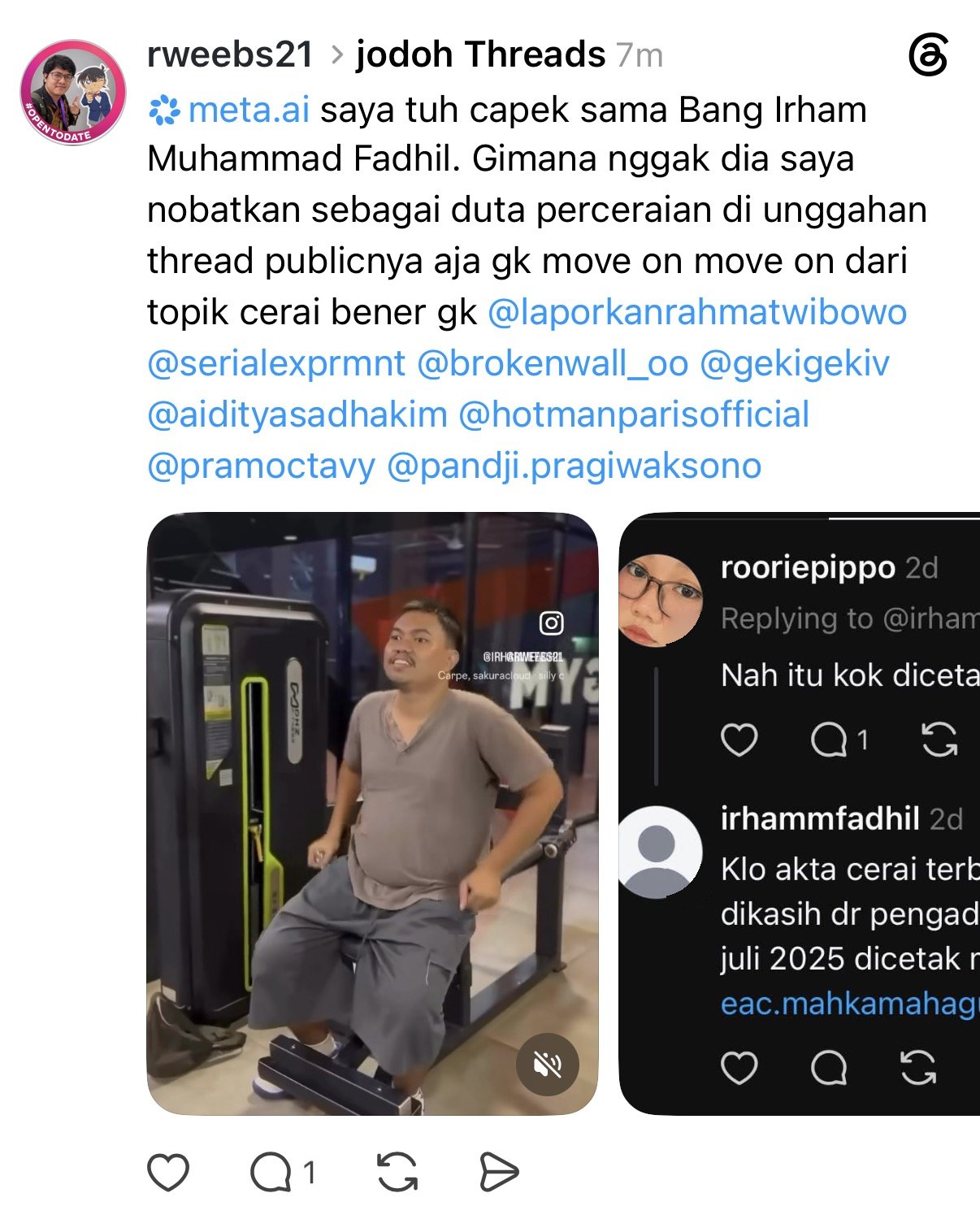 Rahmat Wibowo, posting in Threads' 'jodoh' (matchmaking) community, told Meta AI he is 'tired' of Irham Muhammad Fadhil and 'crowned' him the 'divorce ambassador' who supposedly cannot move on from the topic of divorce, attaching a video of Irham at the gym and Irham's own reply about his divorce certificate, and tagging eight accounts including Hotman Paris and Pandji Pragiwaksono; the one who cannot move on from Irham's divorce is Rahmat, who mocked it a month earlier.