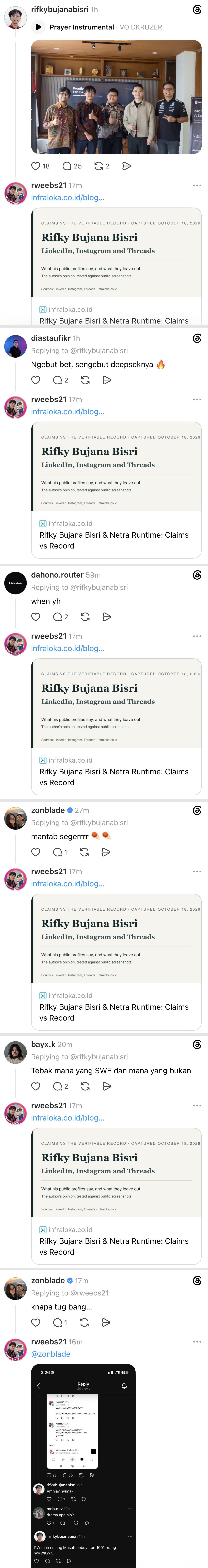 Rahmat Wibowo spammed the same link five times in the same minute under AI startup founder Rifky Bujana Bisri's Threads post and the replies to it, to promote his own 'Claims vs Record' article on the InfraLoka blog picking apart Rifky's public profiles; asked why, he answered with a screenshot of Rifky's comment that 'RW really is the sworn enemy of 1,001 people', and went on to prove him right.
